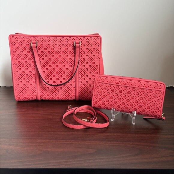 Kate Spade Romy Newbury Lane Caning Bag Crossbody Coral Leather Tote with Wallet - Picture 2 of 12
